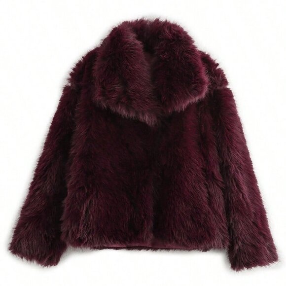 Burgundy Women's Chic Wide Lapel Snap Closure Faux fur jacket coat Outerwear - Picture 2 of 3